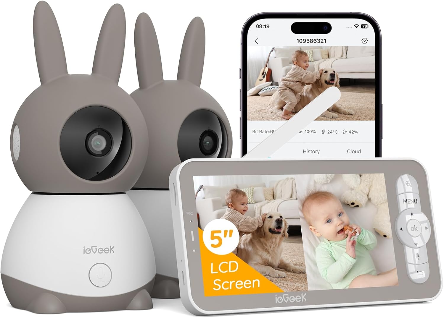 ieGeek Baby 1T-2 Baby Monitor 2K con 2 Telecamere – Schermo 5” Senza WiFi, PTZ 360° + App