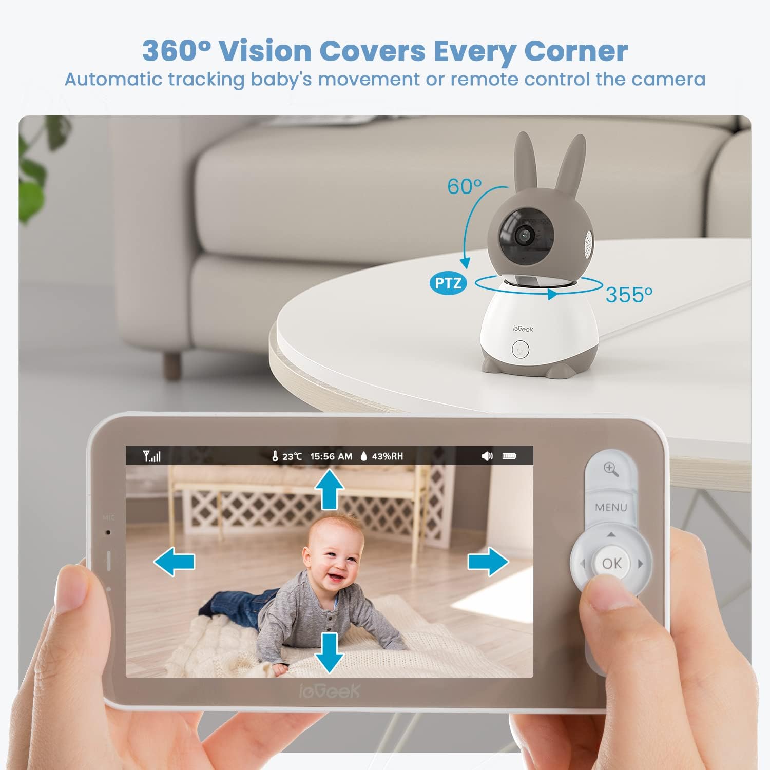 ieGeek Baby 1T-2 Baby Monitor 2K con 2 Telecamere – Schermo 5” Senza WiFi, PTZ 360° + App - immagine 7